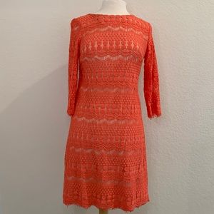 Eliza J Coral Salmon Lace 3/4 Sleeve Dress